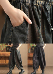 Vintage Old Blue Pockets Elastic Waist Crop Pants Spring