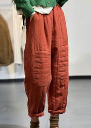 Vintage Orange Elastic Waist Patchwork Applique Fine Cotton Filled Harem Pants Winter