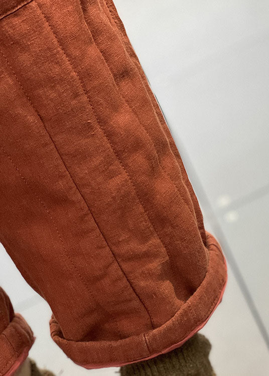 Vintage Orange Elastic Waist Patchwork Applique Fine Cotton Filled Harem Pants Winter