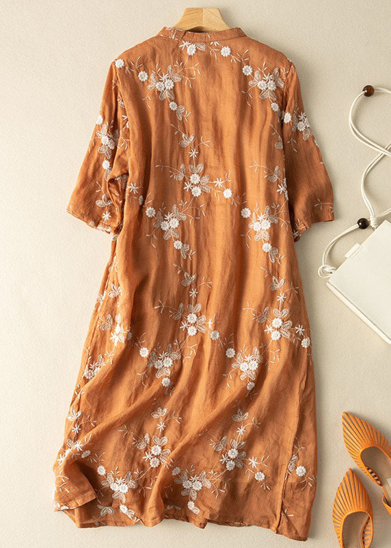 Vintage Orange Embroidered Chinese Button Patchwork Linen Dress Summer