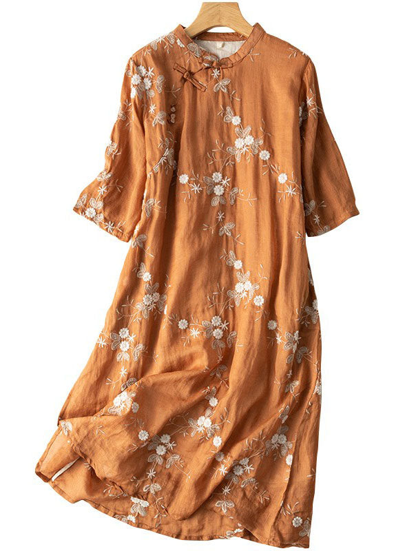 Vintage Orange Embroidered Chinese Button Patchwork Linen Dress Summer