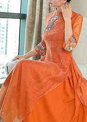Vintage Orange Embroidered Side Open Silk Dresses Summer
