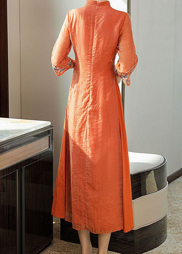 Vintage Orange Embroidered Side Open Silk Dresses Summer