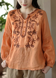 Vintage Orange Embroidered Wrinkled Patchwork Linen T Shirt Spring