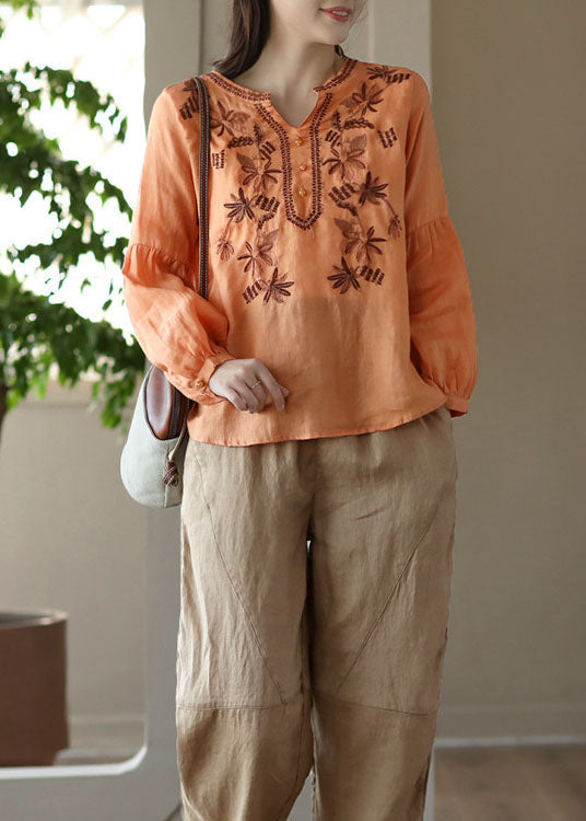 Vintage Orange Embroidered Wrinkled Patchwork Linen T Shirt Spring