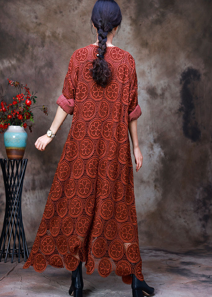 Vintage Orange Embroidered asymmetrical design Fall Dress Long sleeve