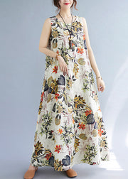 Vintage Orange Floral Leaves Print O-Neck Short Sleeve Bohemia Pleated Maxi Dress