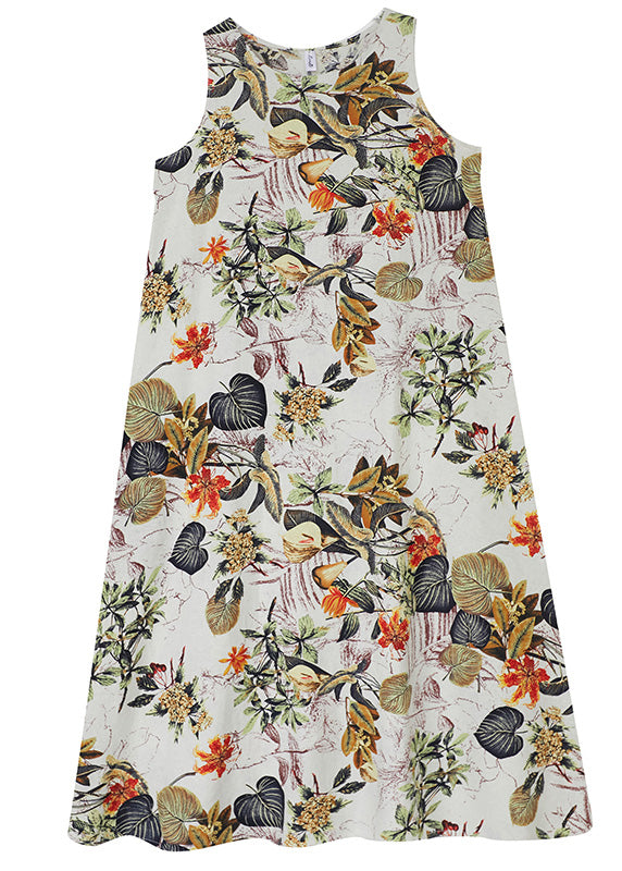 Vintage Orange Floral Leaves Print O-Neck Short Sleeve Bohemia Pleated Maxi Dress