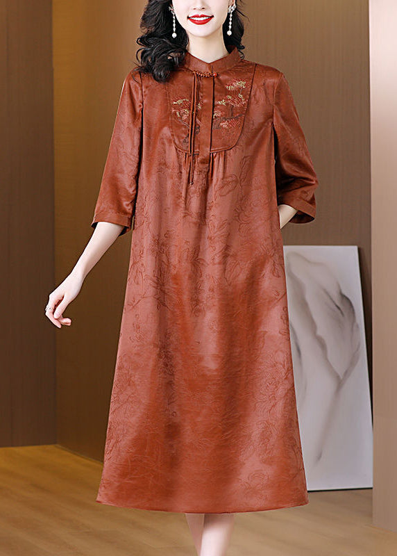 Vintage Orange Mandarin Collar Cinched Silk Dresses Half Sleeve