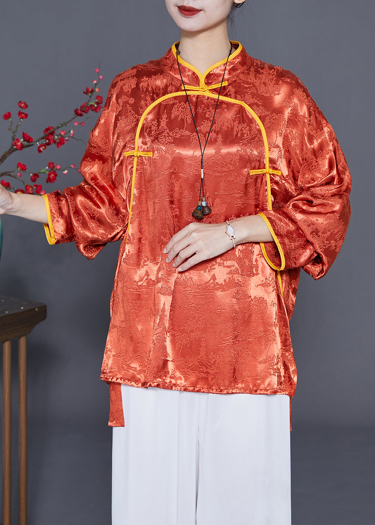 Vintage Orange Mandarin Collar Jacquard Chinese Button Silk Shirts Summer