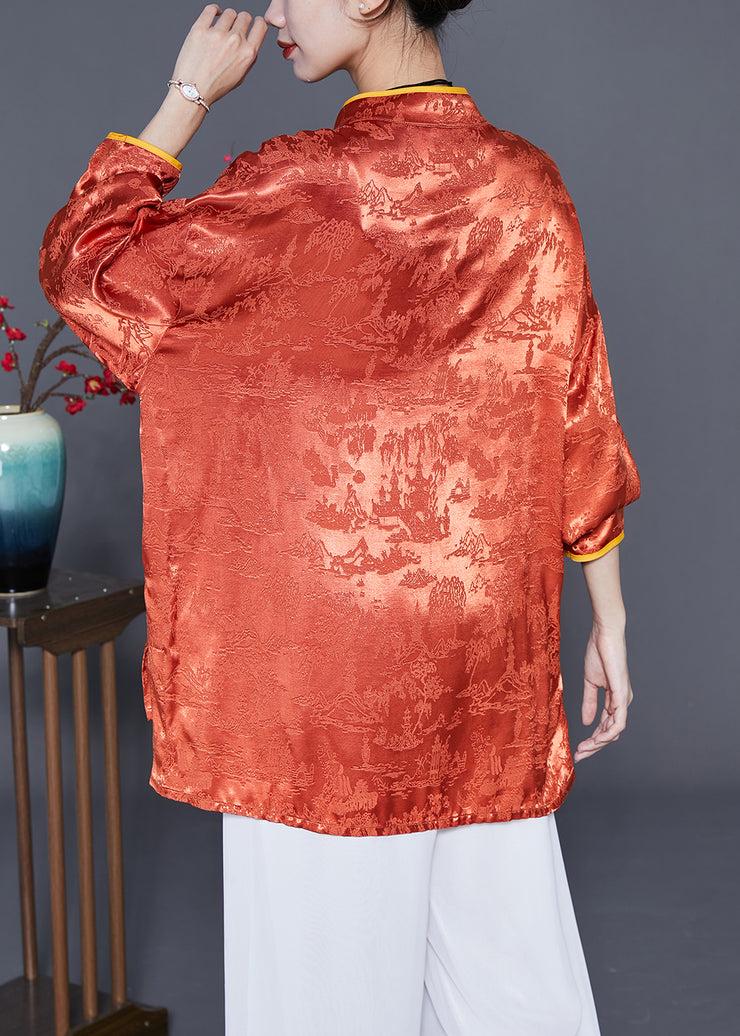 Vintage Orange Mandarin Collar Jacquard Chinese Button Silk Shirts Summer