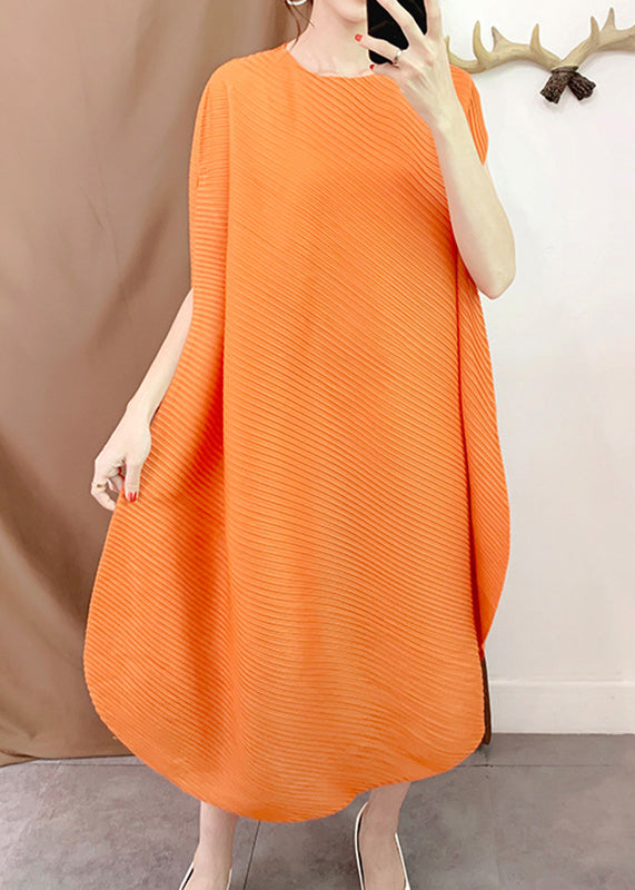 Vintage Orange O-Neck Asymmetrical Striped Long Dress Short Sleeve