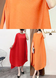 Vintage Orange O-Neck Asymmetrical Striped Long Dress Short Sleeve