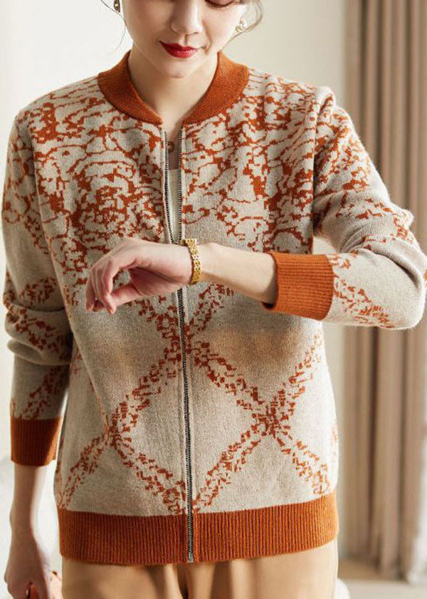 Vintage Orange O-Neck Embroidered Warm Woolen Coat Long Sleeve