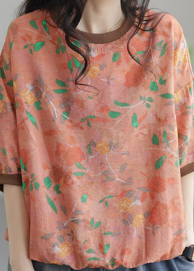 Vintage Orange O Neck Patchwork Cotton T Shirt Top Summer