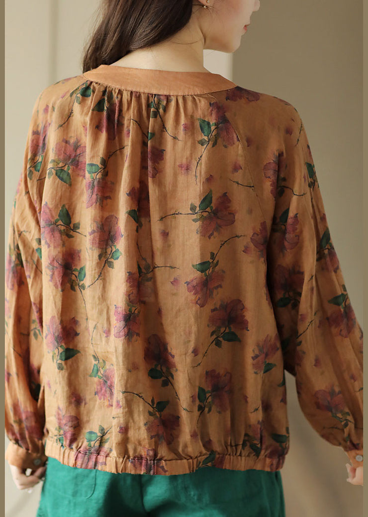 Vintage Orange O Neck Wrinkled Print Patchwork Linen Shirt Tops Spring