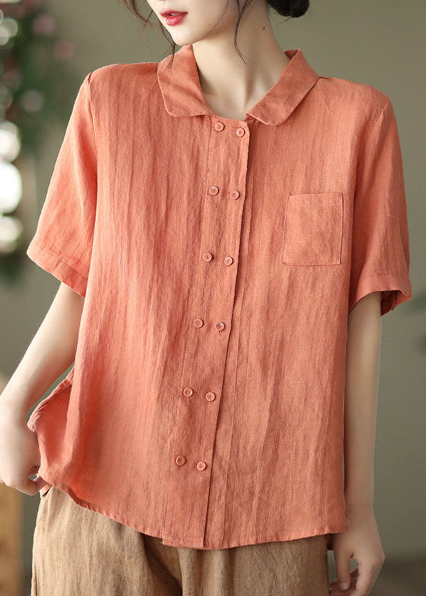 Vintage Orange Peter Pan Collar Double Breast Linen Shirt Tops Short Sleeve