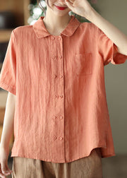Vintage Orange Peter Pan Collar Double Breast Linen Shirt Tops Short Sleeve