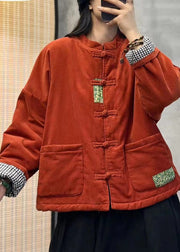 Vintage Orange Pockets Chinese Button Corduroy Fine Cotton Filled Jackets Winter