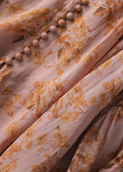 Vintage Orange Print Button Patchwork Linen Long Dresses Summer