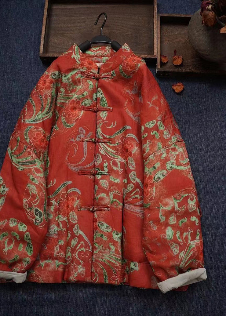 Vintage Orange Print Chinese Button Fine Cotton Filled Coats Winter