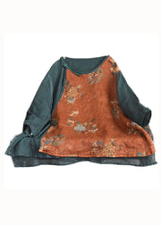 Vintage Orange Print Chinese Button Lace Up Patchwork Linen Shirt Summer