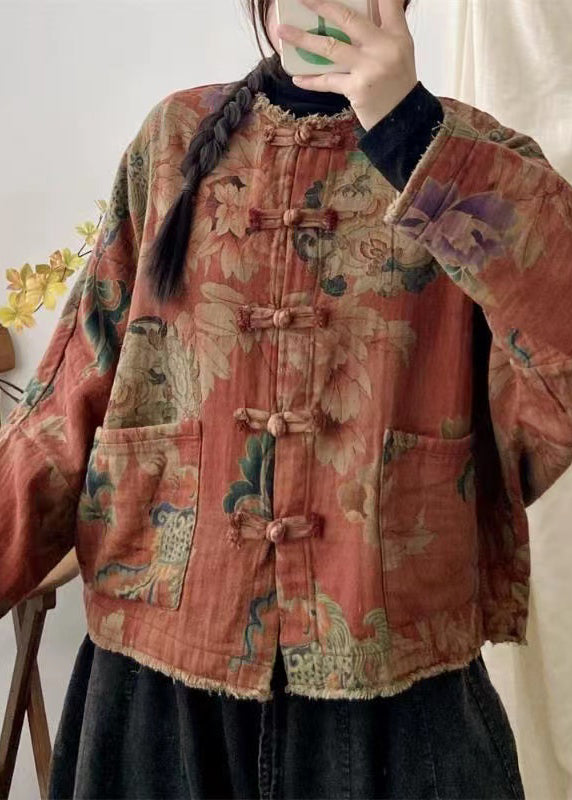 Vintage Orange Print Pockets Chinese Button Patchwork Cotton Coat Fall