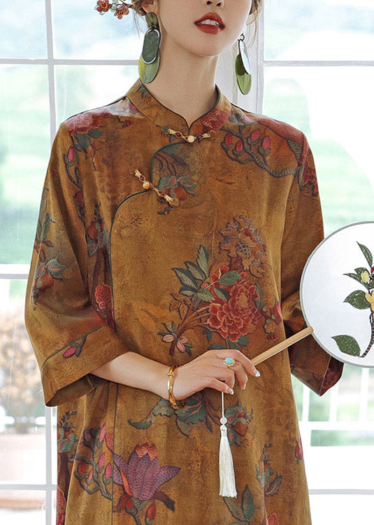 Vintage Orange Print Stand Collar Button Silk Maxi Dresses Spring
