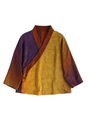 Vintage Orange Purple Gradient color V-Neck Patchwork Silk Top Long Sleeve