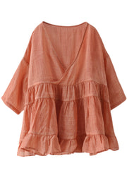 Vintage Orange Solid Loose Linen Shirt Tops Half Sleeve
