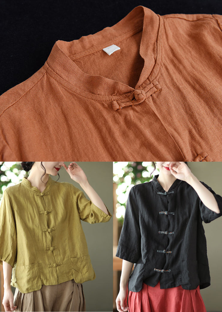 Vintage Orange Solid Patchwork Linen Shirt Top Bracelet Sleeve