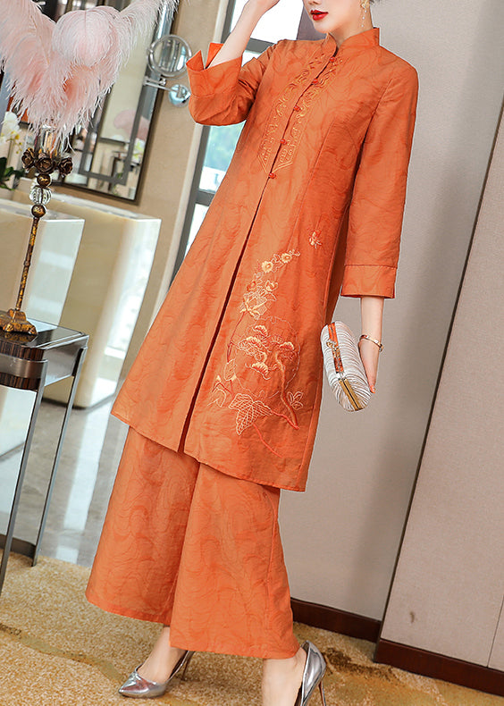 Vintage Orange Stand Collar Embroidered Silk Two Piece Set Fall