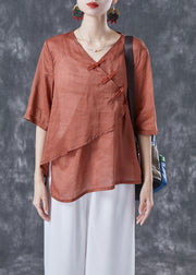 Vintage Orange V Neck Chinese Button Linen Shirt Top Summer