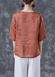 Vintage Orange V Neck Chinese Button Linen Shirt Top Summer
