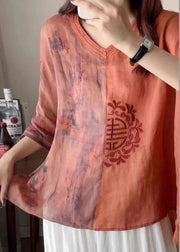 Vintage Orange V Neck Embroidered Print Patchwork Linen Shirt Tops Summer