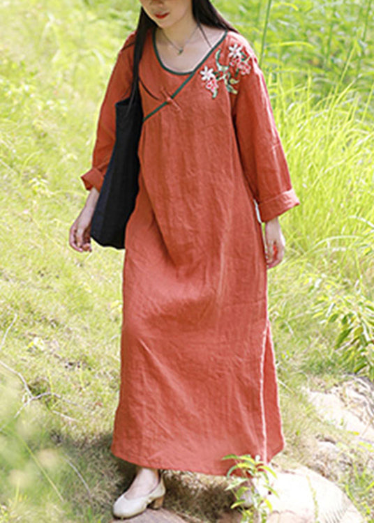 Vintage Orange V Neck Embroidery Linen Dress Long Sleeve