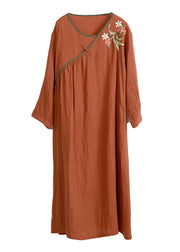 Vintage Orange V Neck Embroidery Linen Dress Long Sleeve