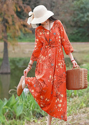 Vintage Orange V Neck Print Cotton Linen Party Dress Bracelet Sleeve