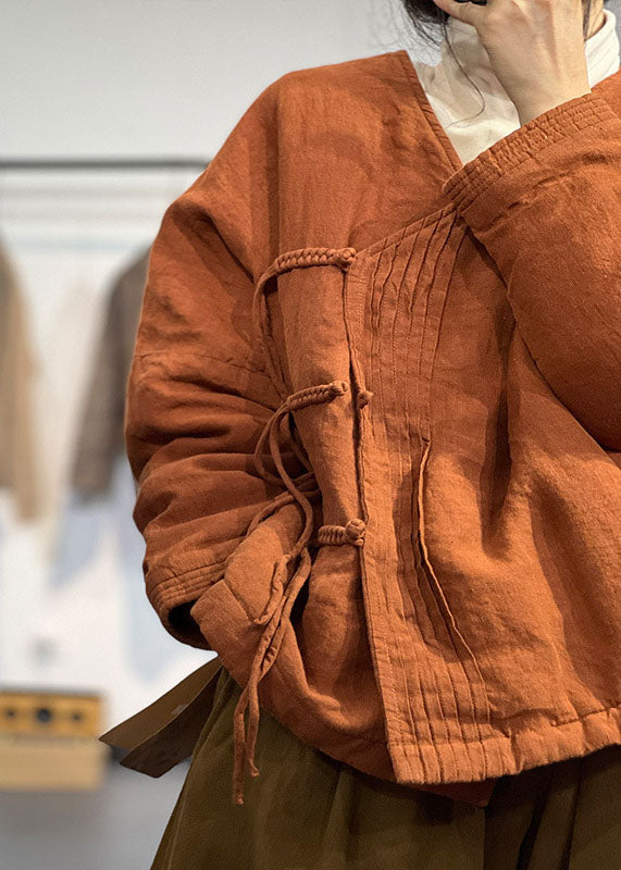 Vintage Orange V Neck Solid Wrinkled Fine Cotton Filled Winter Coats