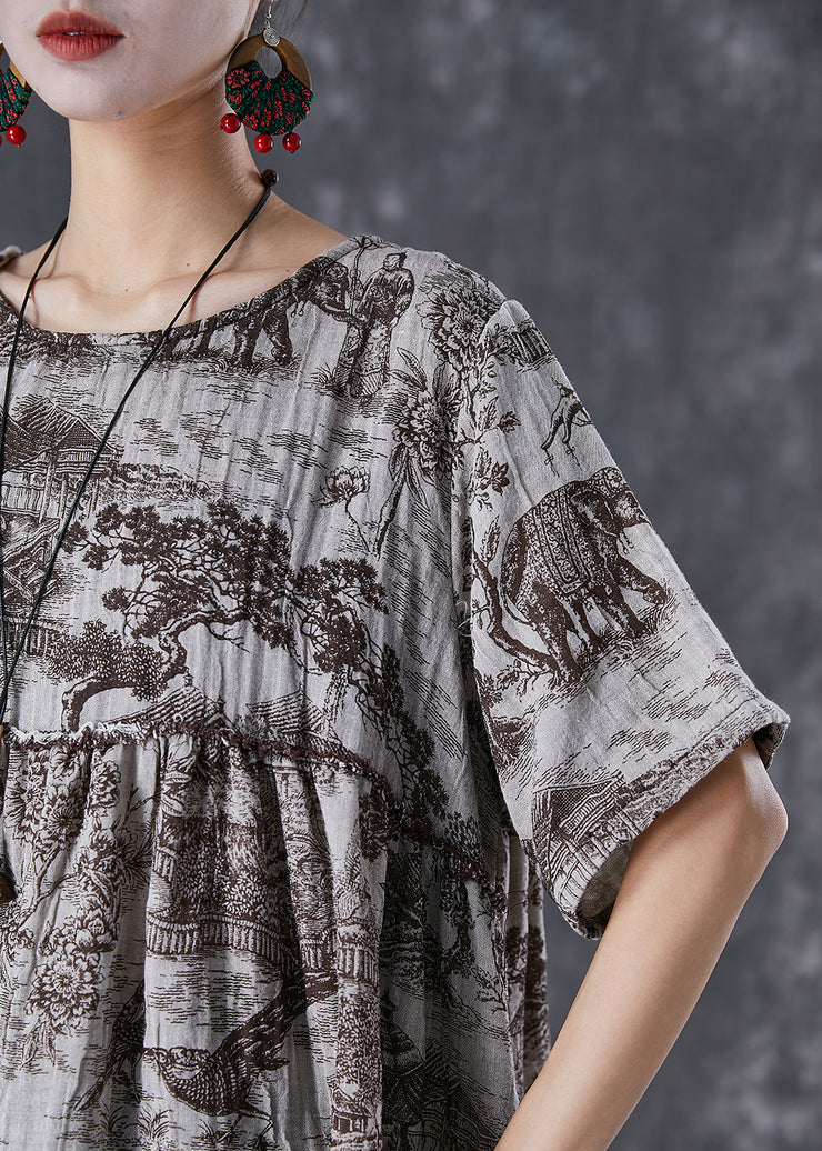 Vintage Oversized Inkwash Painting Print Linen Shirt Tops Summer
