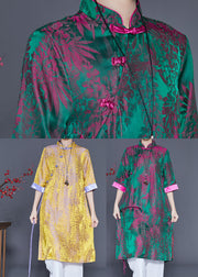 Vintage Peacock Green Print Side Open Silk Dress Summer