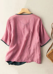 Vintage Pink Asymmetrical Button Patchwork Cotton Shirt Summer