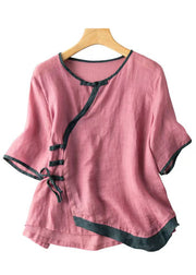 Vintage Pink Asymmetrical Button Patchwork Cotton Shirt Summer