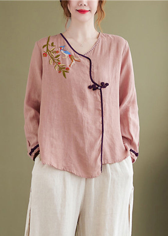 Vintage Pink Embroidered Asymmetrical Design Patchwork Top Long Sleeve
