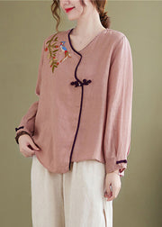 Vintage Pink Embroidered Asymmetrical Design Patchwork Top Long Sleeve
