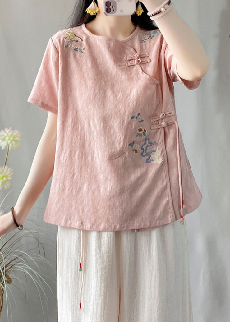 Vintage Pink Embroidered Chinese Button Patchwork Linen Top Summer