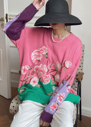 Vintage Pink Embroidered Floral Knit top Spring