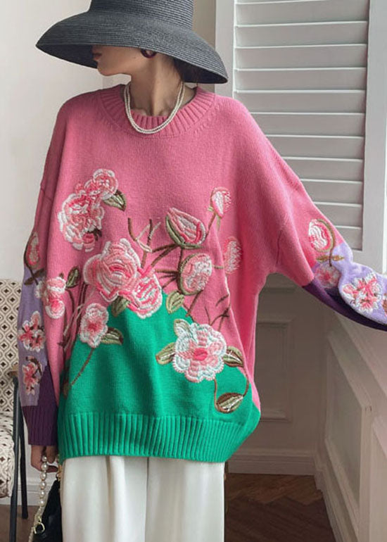 Vintage Pink Embroidered Floral Knit top Spring