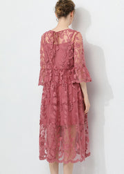 Vintage Pink Embroidered O-Neck Two Pieces Set Lace Dress