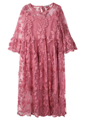Vintage Pink Embroidered O-Neck Two Pieces Set Lace Dress
